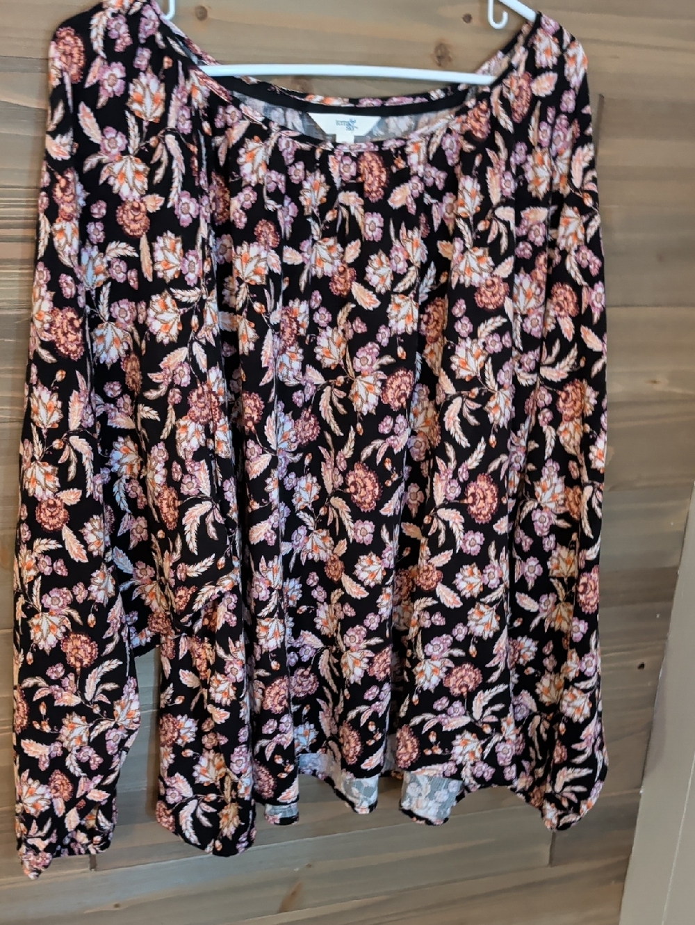 Terra &Sky Black Floral Boho Blouse with Pink & Orange Flowers  3X